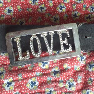 Black leather belt with silver and rhinestone buckle